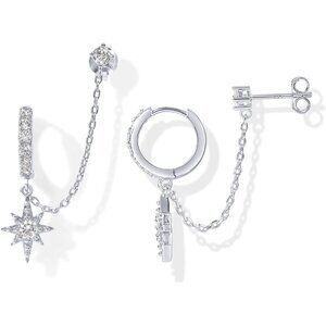 Women Double Piercing Dangle Chain 14K Gold Chain Earrings